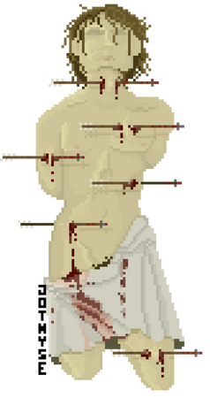 A pixel art piece of an unclothed white man with pallid skin. A white cloth is draped across his hips and a hint of dark pubic hair is visible. His hair is dishevelled and in places, clings to his sweaty face. Arrows pierce his neck, sternum, arms, sides,